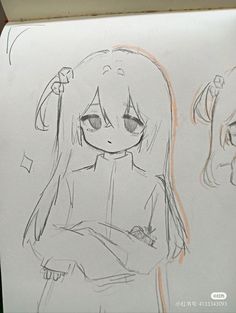 a drawing of a girl with long hair and big eyes, standing in front of two other drawings