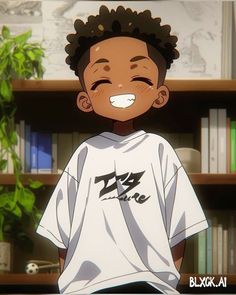 a young boy is smiling in front of bookshelves