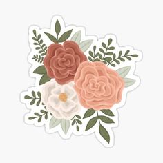 three flowers sticker on a white background with green leaves and branches in the center