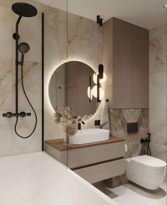 a modern bathroom with marble walls and flooring