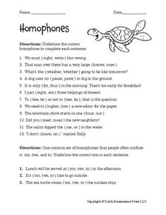 an animal worksheet with the words homophones