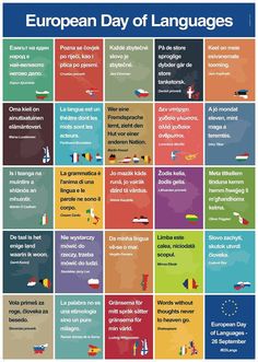 the european day of languages poster is shown in different colors and sizes, including red, blue