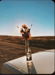 the sun shines brightly on an old car with a vase full of flowers in it