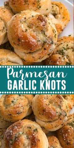 garlic knots on a white plate with text overlay that reads parmesan garlic knots