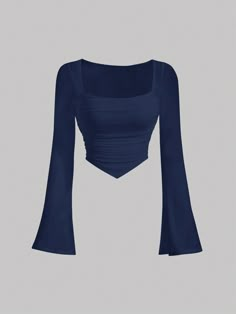 Square Top Outfit, Purple Top Outfit, Square Neck Tops, Dark Blue Top, Blue Shirts, Hanky Hem, Shein Outfits, Quick Outfits, Top Ideas