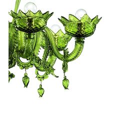 a green chandelier with three lights hanging from it's sides and leaves on the bottom