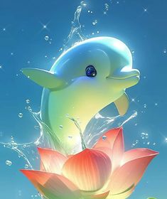 a dolphin is jumping out of the water on top of a flower with bubbles around it