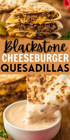 black stone cheeseburger quesadillas on a cutting board with the text overlay