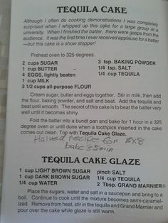 the menu for tequila cake is shown here