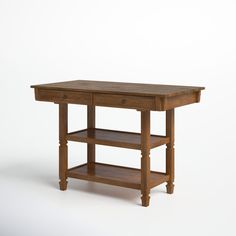 a wooden table with two shelves underneath it