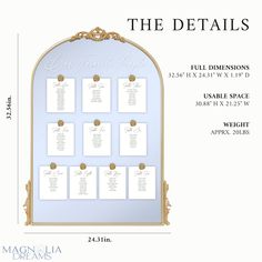 the wedding seating chart is shown with gold trimmings and white paper on it