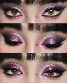 Rocky Horror Eye Makeup, Iridescent Make Up Looks, Maroon And Black Eyeshadow, Emo Barbie Makeup, Theater Makeup Looks, Purple Goth Eye Makeup, Eye Shadow Inspirations, Drastic Makeup Looks, Purple Makeup Ideas Eyeshadows