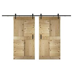 two wooden doors with black handles on each side and one door open to the other