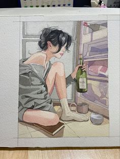 a painting of a woman sitting on the floor with a bottle of wine