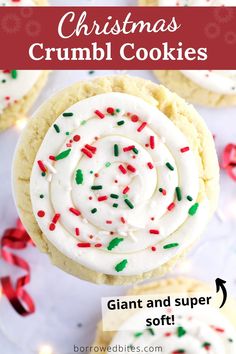 christmas crumbl cookies with white frosting and sprinkles on top