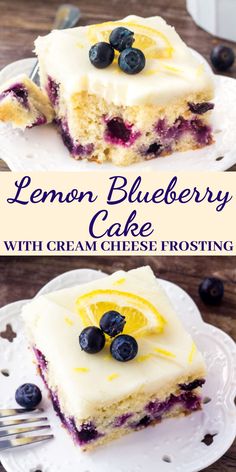 lemon blueberry cake with cream cheese frosting is on a white plate and has two slices taken out