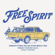 an old yellow truck with a bicycle on the back and text free spirit written in blue