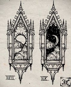 a drawing of an ornate clock with the moon and stars above it