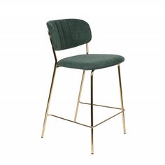 an upholstered bar stool with a blue seat and gold frame, against a white background