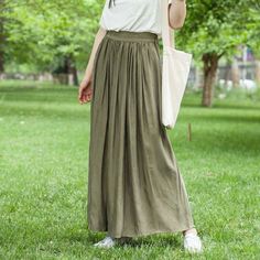 simplelinenlife-Women-Skirts-Summer-Linen-Skirt-Elastic-Waist Green Cotton Full Maxi Skirt, Green Cotton Maxi Skirt With Relaxed Fit, Green Cotton Casual Maxi Skirt, Casual Relaxed Fit Gathered Maxi Skirt, Casual Gathered Maxi Skirt With Relaxed Fit, Green Cotton Maxi Skirt, Green Flowy Cotton Skirt, Green Cotton Lined Maxi Skirt, Spring Full-length Baggy Skirt