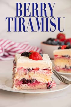 a slice of berry tiramsu on a plate with a fork