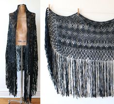 This beautiful crochet shawl is features in black with long fringe. There are several area of discoloration but overall the piece is in excellent condition.  73 inches long 20 inch fringe I ship worldwide! Thanks for looking. Fringe Shawl, Crochet Fringe, Long Fringe, Long Fringes, Black Crochet, Crochet Shawl, Beautiful Crochet, Chicago Il, Shawls And Wraps