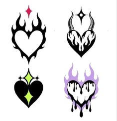 four different heart tattoos with flames and hearts in the middle one is black, white, and pink