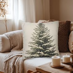 This nostalgic winter pillow features a snowy pine tree with falling snow detail; a perfect addition to your holiday decor and into the late winter months. Choose whether or not to have a pillow insert -our covers are printed upon order in the US & made with sturdy recycled spun polyester with a concealed zipper with a vibrant double-sided print. Available in 4 sizes: 14x14", 16x16", 18x18", 20x20".  We also have outdoor options (these include pillow inserts) available in 3 sizes: 16x16", 18x18", & 20x20". Bundle & Save with our sets of 2 or 4 pillows! Please note that due to color differentials with electronic devices, color may not exactly match what you see on screen. Vibe: Winter, Retro, Vintage, Woodland, Victorian, Black White, Holiday, Lodge, Woodland, Rustic, Modern Rustic, Classic Boho Winter Decor, Americana Room, Nostalgic Winter, Winter Farmhouse Decor, Winter Throw Pillows, Wholesale Decor, 4 Pillows, Country Pillows, Winter Pillow Covers