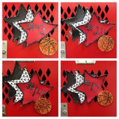 four pictures of basketballs and stars on a red background with the word love spelled in black letters