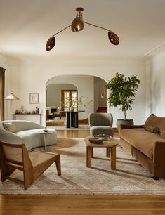 a living room filled with furniture and a potted plant on top of a table