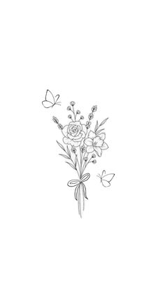 a drawing of flowers and butterflies on a white background