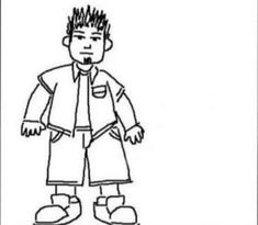 a black and white drawing of a boy with his hands in his pockets, standing