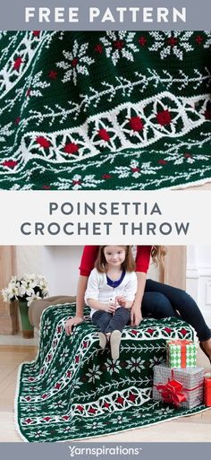 Free Poinsettia Throw crochet pattern using Red Heart Super Saver yarn. Make the guestroom more welcoming with a vintage-looking crochet throw that warms up weary holiday travelers! Give it a traditional Christmas look, or select shades to match your home décor. This toasty favorite is a perfect cuddling throw for the whole family! #Yarnspirations #FreeCrochetPattern #CrochetAfghan #CrochetThrow #CrochetBlanket #ChristmasDIY #RedHeart #RedHeartSuperSaver Baby Crochet Patterns, Christmas Afghan, Throw Crochet, Red Heart Super Saver Yarn, Crochet Snowflake, Chevron Blanket, Crochet Afghan Patterns Free, Crochet Xmas