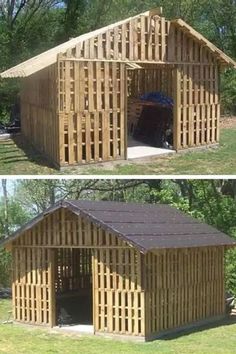 two pictures of a wooden shed with the doors open and the roof partially closed, one is made out of wood planks