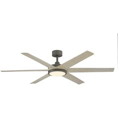 a ceiling fan with two blades and a light on the top one is turned off