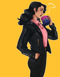 a drawing of a woman in a black suit drinking from a pink cup with steam coming out of her mouth