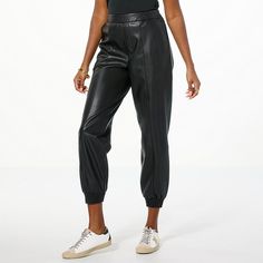 G by Giuliana Pull-On Faux Leather Jogger Pant  Announce your arrival looking powerful (and comfortable) in these sleek faux leather jogger pants. Fitted and tapered legs along with the flattering high-rise design and flat-front elastic waist accentuate your natural shape, making it ready to dress up or down for any day of the week. Casual Leather Cargo Pants For Fall, Spring Casual Tapered Leg Leather Pants, Trendy Tapered Leg Joggers For Fall, Casual Polyurethane Leather Pants For Night Out, Fall Casual Tapered Leg Leather Pants, Casual Leather Pants With Elastic Waistband For Fall, Tapered Leg Leather Pants, Casual Faux Leather Pants For Work, Leather Jogger Pants