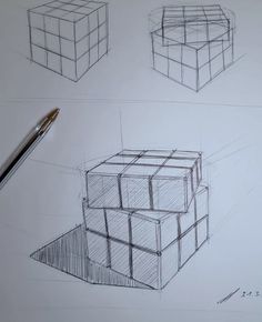 three drawings of boxes and a pen