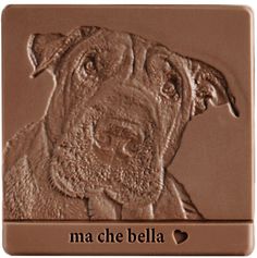 a chocolate stamp with a dog's face on it