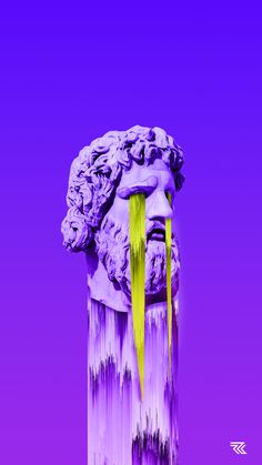 a purple and yellow sculpture with hair sticking out of it's head on a purple background