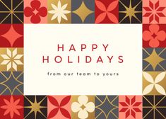 happy holidays from our team to yours greeting card with gold, red and black flowers