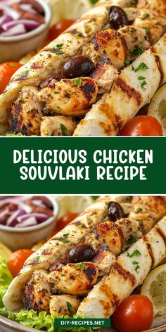 delicious chicken souvlake recipe with tomatoes, lettuce and olives