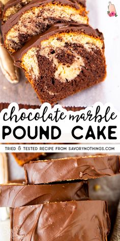 chocolate marble pound cake is cut in half and stacked on top of each other with the title above it