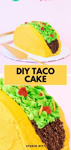 a cake with green frosting and yellow icing on top, next to a photo of a taco cake