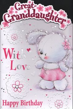 a greeting card with a white teddy bear wearing a pink dress and flowers on it