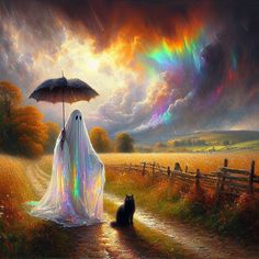 a painting of a ghost and a cat under an umbrella on a path in the middle of a field