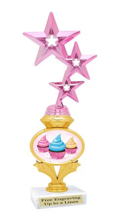 a pink and gold cupcake trophy with three stars on the top, in front of a white background