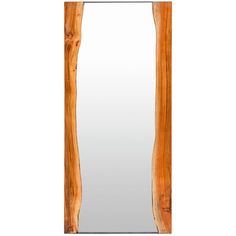 a tall wooden mirror sitting on top of a white wall