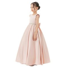 This gorgeous flower girl dress features an open back satin bodice with ruffle cap sleeves. The waistline is delicately decorated with rhinestones and a pre-tied bow in the back. The elegant satin skirt has 3 layers, top 1 layer is made of satin, 2nd layer is a netting attached to the 3rd layer for additional fullness, the 3rd layer is a satin lining to bring comfort to your little girl while wearing the dress. Size: 6.  Color: Pink.  Gender: female.  Age Group: kids. Light Pink Flower Girl Dress, Flower Girl Dresses Blush, Flower Girl Dresses Pink, Peach Flower Girl Dress, Petal Flower Girl Dress, Girl Silk Dress, Sequin Flower Girl Dress, Pure Silk Dress, Satin Flower Girl Dress