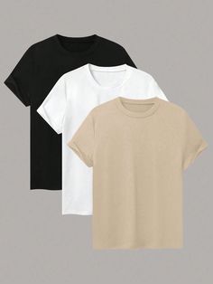 Women's Summer Solid Color Round Neck Short Sleeve Casual T-Shirt Khaki Casual  Short Sleeve Polyester Plain  Medium Stretch Summer Women Clothing, size features are:Bust: ,Length: ,Sleeve Length: Short Sleeve T-shirts, Nike Tees Beige, Neutral Tshirt Women, Plain Woman Tshirts, Basics Tshirt Women, Casual T Shirt, Casual T Shirts, Summer Women, Women Clothing